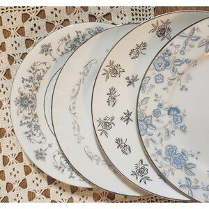 4- Mismatched Fine China Plates ~7.5" Lunch Silver Rims Salad Porcelain Eclectic